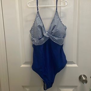 Blue and white striped swimsuit